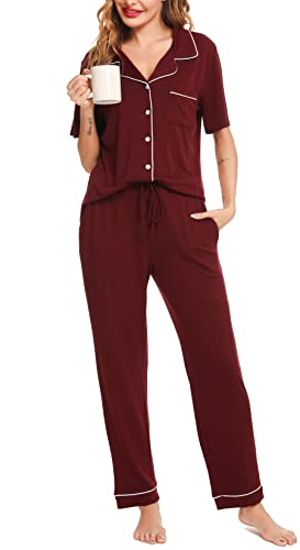 Lovasy Schlafanzug Damen Lang Winter Pyjama Set mit Knopfleiste Kurzarm Schlafanzüge für Damen Zweiteiliger Loungewear Hausanzug mit Taschen,weinrot,L von Lovasy