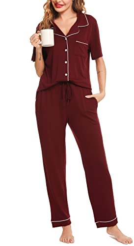 Lovasy Schlafanzug Damen Lang Winter Pyjama Set mit Knopfleiste Kurzarm Schlafanzüge für Damen Zweiteiliger Loungewear Hausanzug mit Taschen,weinrot,M von Lovasy