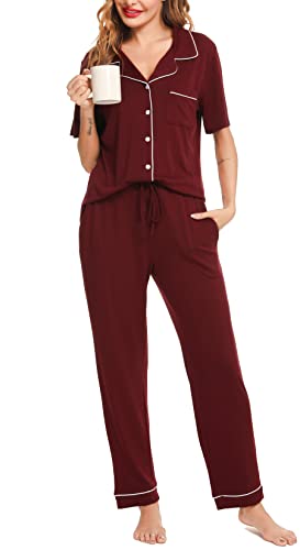 Lovasy Schlafanzug Damen Lang Kurzarm Pyjama mit Knöpfen Schlafanzüge für Damen Zweiteiliger Loungewear Set mit Taschen und Kordelzug,Weinrot,XL von Lovasy
