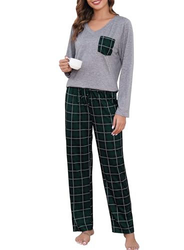 Lovasy Damen Schlafanzug Lang Winter Karierte Pyjama Set mit Taschen Zweiteiliger Damenschlafanzug Langarm V-Ausschnitt Schlafanzüge für Damen,Grau,XL von Lovasy