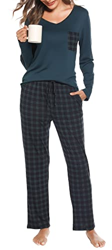 Lovasy Damen Schlafanzug Lang Winter Karierte Pyjama Set mit Taschen Zweiteiliger Damenschlafanzug Langarm V-Ausschnitt Schlafanzüge für Damen,Blau Grün,L von Lovasy