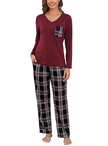 Lovasy Damen Schlafanzug Lang Winter Karierte Pyjama Set mit Taschen Zweiteiliger Damenschlafanzug Langarm V-Ausschnitt Schlafanzüge für Damen,Weinrot,M von Lovasy