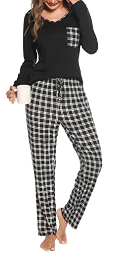 Lovasy Damen Schlafanzug Lang Winter Karierte Pyjama Set mit Taschen Zweiteiliger Damenschlafanzug Langarm V-Ausschnitt Schlafanzüge für Damen,Schwarz,M von Lovasy