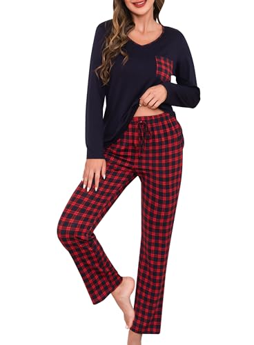 Lovasy Damen Schlafanzug Lang Winter Karierte Pyjama Set mit Taschen Zweiteiliger Damenschlafanzug Langarm V-Ausschnitt Schlafanzüge für Damen,Rot,L von Lovasy