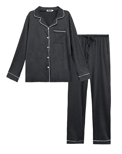 Lovasy Schlafanzug Damen Lang Winter Pyjama mit Knöpfen 2-Teilig Langarm Schlafanzüge für Damen Loungewear Set mit Taschen und Kordelzug,Dunkelgrau,S von Lovasy