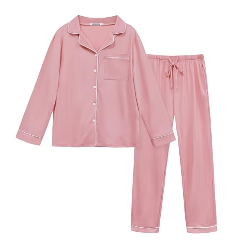Lovasy Schlafanzug Damen Lang Winter Pyjama mit Knöpfen 2-Teilig Langarm Schlafanzüge für Damen Loungewear Set mit Taschen und Kordelzug,Hellrosa,XXL von Lovasy