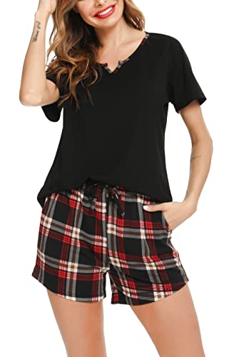 Lovasy Schlafanzug Damen Kurz Pyjama Set Zweiteiler Loungewear Nachtwäsche SchlafanzüGe für Frauen Karierte Schlafhose Stitch Teenager MäDchen Sexy Baumwolle Shorty,schwarz,S von Lovasy