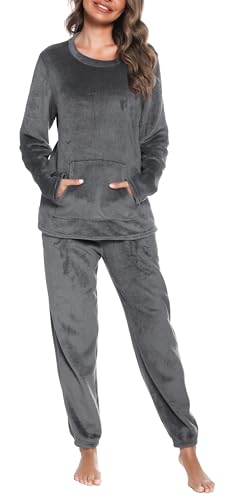 Lovasy Fleece Schlafanzug Damen Winter Lang Flanell Pyjama Set Warmer Flauschiger Frottee Schlafanzüge für Damen mit Taschen,B-Dunkelgrau,S von Lovasy