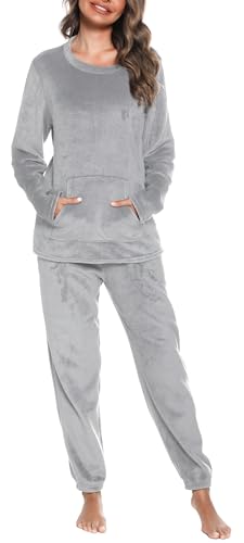Lovasy Fleece Schlafanzug Damen Winter Lang Flanell Pyjama Set Warmer Flauschiger Frottee Schlafanzüge für Damen mit Taschen,B-Grau,L von Lovasy