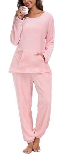 Lovasy Fleece Schlafanzug Damen Winter Lang Flanell Pyjama Set Warmer Flauschiger Frottee Schlafanzüge für Damen mit Taschen,B-Rosa,M von Lovasy