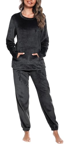Lovasy Fleece Schlafanzug Damen Winter Lang Flanell Pyjama Set Warmer Flauschiger Frottee Schlafanzüge für Damen mit Taschen,B-Schwarz,XL von Lovasy