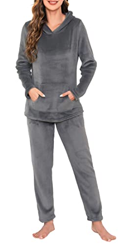 Lovasy Fleece Schlafanzug Damen Winter Lang Pyjama Set Warmer Flauschiger Frottee Schlafanzüge für Damen mit Kapuzen und Taschen,A-Dunkelgrau,L von Lovasy