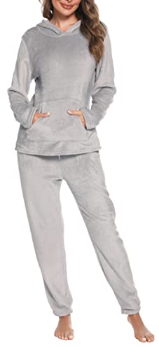 Lovasy Fleece Schlafanzug Damen Winter Lang Pyjama Set Warmer Flauschiger Frottee Schlafanzüge für Damen mit Kapuzen und Taschen,A-Grau,S von Lovasy