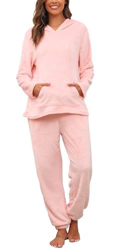 Lovasy Fleece Schlafanzug Damen Winter Lang Pyjama Set Warmer Flauschiger Frottee Schlafanzüge für Damen mit Kapuzen und Taschen,A-Rosa,L von Lovasy
