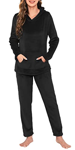 Lovasy Fleece Schlafanzug Damen Winter Lang Pyjama Set Warmer Flauschiger Frottee Schlafanzüge für Damen mit Kapuzen und Taschen,A-Schwarz,M von Lovasy