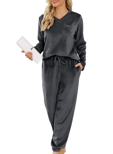 Lovasy Fleece Schlafanzug Damen Winter Lang Velour Warm Pyjama Set Langarm Hausanzug Schlafanzüge für Damen mit Taschen,Dunkelgrau,XL von Lovasy