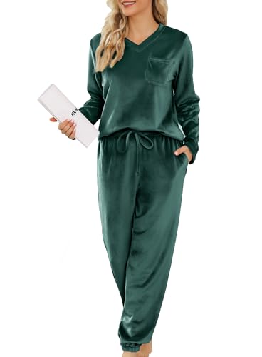 Lovasy Fleece Schlafanzug Damen Winter Lang Velour Warm Pyjama Set Langarm Hausanzug Schlafanzüge für Damen mit Taschen,Dunkelgrün,L von Lovasy