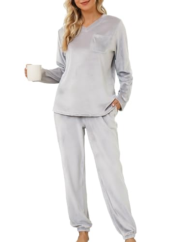 Lovasy Fleece Schlafanzug Damen Winter Lang Velour Warm Pyjama Set Langarm Hausanzug Schlafanzüge für Damen mit Taschen,Grau weiß,M von Lovasy