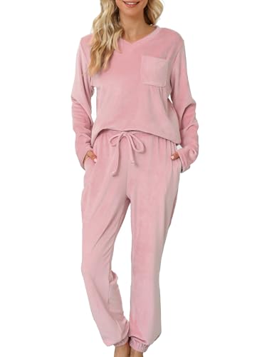 Lovasy Fleece Schlafanzug Damen Winter Lang Velour Warm Pyjama Set Langarm Hausanzug Schlafanzüge für Damen mit Taschen,Hellrosa,M von Lovasy
