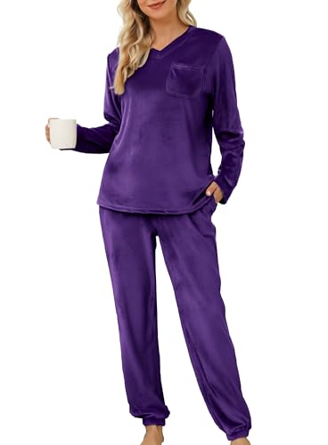 Lovasy Fleece Schlafanzug Damen Winter Lang Velour Warm Pyjama Set Langarm Hausanzug Schlafanzüge für Damen mit Taschen,Lila,M von Lovasy