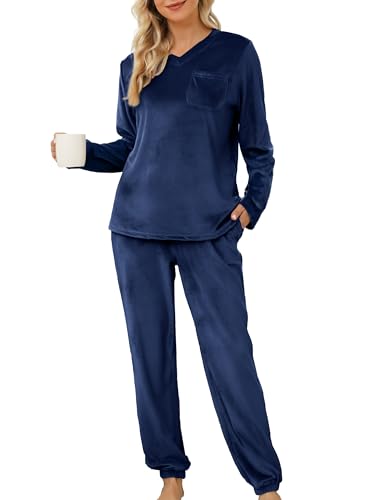 Lovasy Fleece Schlafanzug Damen Winter Lang Velour Warm Pyjama Set Langarm Hausanzug Schlafanzüge für Damen mit Taschen,Marineblau,L von Lovasy