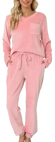 Lovasy Fleece Schlafanzug Damen Winter Lang Velour Warm Pyjama Set Langarm Hausanzug Schlafanzüge für Damen mit Taschen,Rosa,XXL von Lovasy