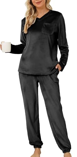 Lovasy Fleece Schlafanzug Damen Winter Lang Velour Warm Pyjama Set Langarm Hausanzug Schlafanzüge für Damen mit Taschen,Schwarz,S von Lovasy