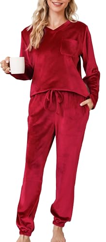 Lovasy Fleece Schlafanzug Damen Winter Lang Velour Warm Pyjama Set Langarm Hausanzug Schlafanzüge für Damen mit Taschen,Weinrot,XL von Lovasy