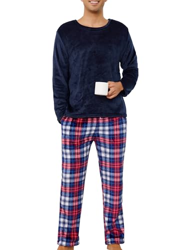 Lovasy Fleece Schlafanzug Herren Lang Winter Warm Pyjama Set Zweiteiliger Herrenschlafanzug Langarm Frottee Schlafanzüge für Herren,Blau/Kariert,XXL von Lovasy