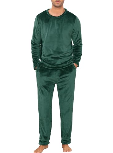 Lovasy Fleece Schlafanzug Herren Lang Winter Warm Pyjama Set Zweiteiliger Herrenschlafanzug Langarm Frottee Schlafanzüge für Herren,Dunkelgrün,M von Lovasy