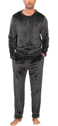 Lovasy Fleece Schlafanzug Herren Lang Winter Warm Pyjama Set Zweiteiliger Herrenschlafanzug Langarm Frottee Schlafanzüge für Herren,Grau,XL von Lovasy