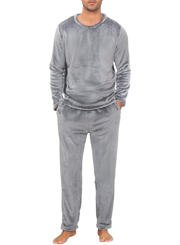 Lovasy Fleece Schlafanzug Herren Lang Winter Warm Pyjama Set Zweiteiliger Herrenschlafanzug Langarm Frottee Schlafanzüge für Herren,Hellgrau,XXL von Lovasy