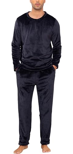 Lovasy Fleece Schlafanzug Herren Lang Winter Warm Pyjama Set Zweiteiliger Herrenschlafanzug Langarm Frottee Schlafanzüge für Herren,Marineblau,XXL von Lovasy