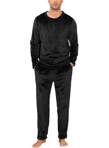Lovasy Fleece Schlafanzug Herren Lang Winter Warm Pyjama Set Zweiteiliger Herrenschlafanzug Langarm Frottee Schlafanzüge für Herren,Schwarz,XL von Lovasy