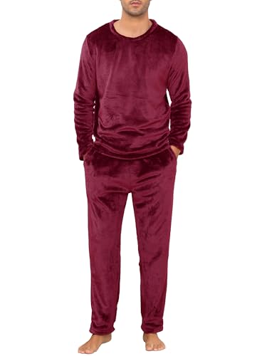 Lovasy Fleece Schlafanzug Herren Lang Winter Warm Pyjama Set Zweiteiliger Herrenschlafanzug Langarm Frottee Schlafanzüge für Herren,Weinrot,L von Lovasy