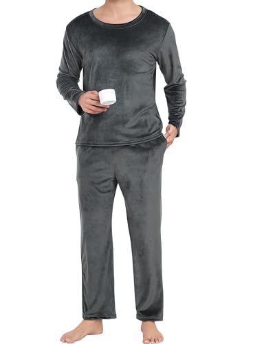 Lovasy Fleece Schlafanzug Herren Winter Lang Velour Warm Pyjama Set Zweiteiliger Herrenschlafanzug Langarm Rundhalsausschnitt Schlafanzüge für Herren,Dunkelgrau,M von Lovasy