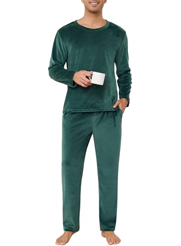 Lovasy Fleece Schlafanzug Herren Winter Lang Velour Warm Pyjama Set Zweiteiliger Herrenschlafanzug Langarm Rundhalsausschnitt Schlafanzüge für Herren,Dunkelgrün,XL von Lovasy