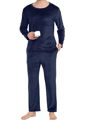 Lovasy Fleece Schlafanzug Herren Winter Lang Velour Warm Pyjama Set Zweiteiliger Herrenschlafanzug Langarm Rundhalsausschnitt Schlafanzüge für Herren,Marineblau,M von Lovasy