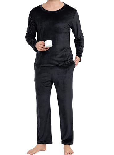 Lovasy Fleece Schlafanzug Herren Winter Lang Velour Warm Pyjama Set Zweiteiliger Herrenschlafanzug Langarm Rundhalsausschnitt Schlafanzüge für Herren,Schwarz,S von Lovasy