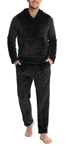 Lovasy Schlafanzug Herren Lang Warm Winter Fleece Pyjama mit Kapuzen Flanell Schlafanzüge für Herren mit Taschen,Schwarz,M von Lovasy