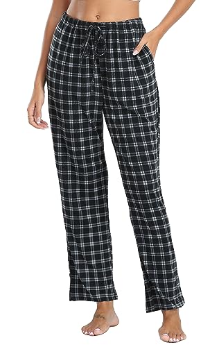 Lovasy Pyjamahose Damen Lang Karierte Schlafanzughosen für Damen mit Taschen und Kordelzug,Grau,S von Lovasy