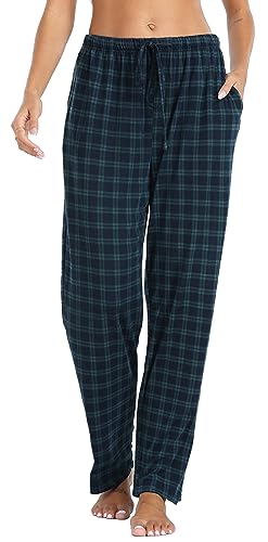 Lovasy Karierte Schlafhose Damen Lang Lose Schlafanzughose Damen Pyjamahose mit Taschen und Kordelzug,grün XL von Lovasy