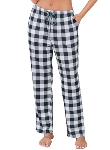 Lovasy Karierte Pyjamahose Damen Lang Schlafanzughosen für Damen Schlafhose Freizeithose mit Taschen und Kordelzug,Schwarz,XXL von Lovasy