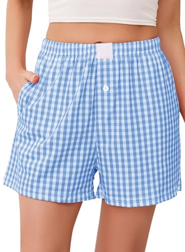 Lovasy Karierte Schlafshorts Damen Kurz Sommer Pyjamashorts Weich Kurze Schlafanzughosen für Damen mit Taschen,Blau,L von Lovasy