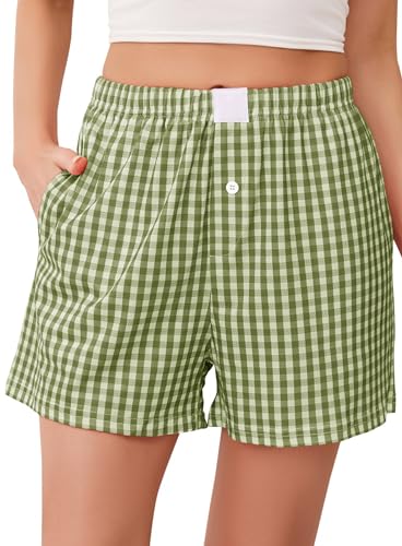 Lovasy Karierte Schlafshorts Damen Kurz Sommer Pyjamashorts Weich Kurze Schlafanzughosen für Damen mit Taschen,Grün,XL von Lovasy