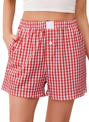 Lovasy Karierte Schlafshorts Damen Kurz Sommer Pyjamashorts Weich Kurze Schlafanzughosen für Damen mit Taschen,Rot,XL von Lovasy