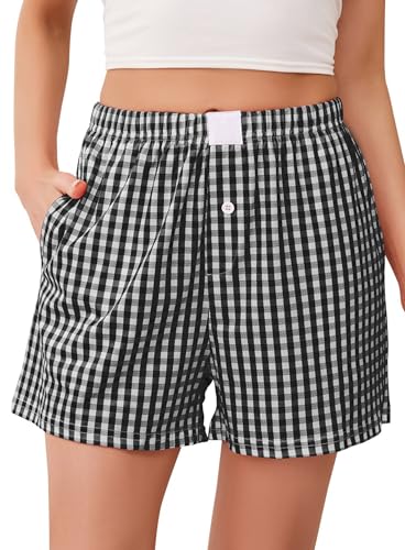 Lovasy Karierte Schlafshorts Damen Kurz Sommer Pyjamashorts Weich Kurze Schlafanzughosen für Damen mit Taschen,Schwarz,XXL von Lovasy