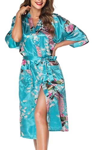 Lovasy Bademantel Damen Satin Japanisch Kimono Jacke Damen mit Gürtel Sexy Morgenmantel Leicht Pyjama für Hochzeit Braut Party,Lake Blue,M von Lovasy