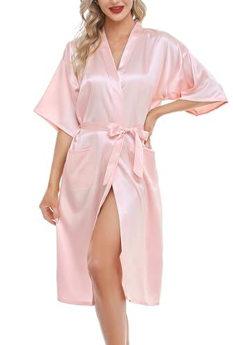 Lovasy Bademantel Damen Satin Japanisch Kimono Jacke Damen mit Gürtel Sexy Morgenmantel Leicht Pyjama für Hochzeit Braut Party,Rosa,L von Lovasy