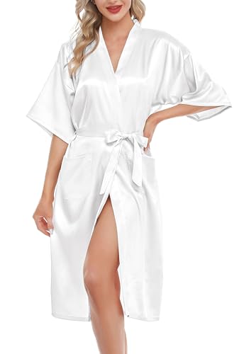 Lovasy Bademantel Damen Satin Japanisch Kimono Jacke Damen mit Gürtel Sexy Morgenmantel Leicht Pyjama für Hochzeit Braut Party,Weiß,S von Lovasy